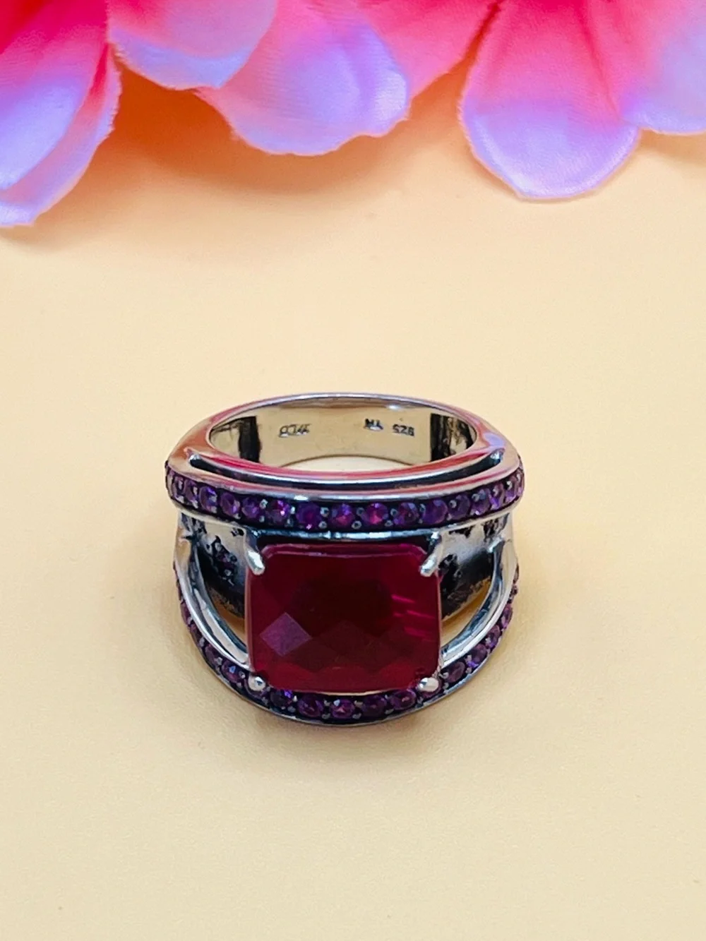 Sterling Silver Pink/Red Statement Ring with Square Gem size 7.5